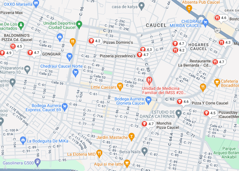 mapa de pizzerias en ciudad caucel merida