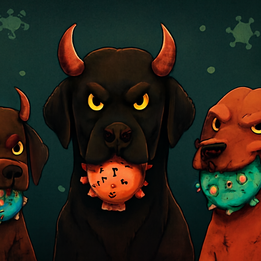 Ilustración de virus SARS‑CoV‑2 con texto “Perro del infierno”