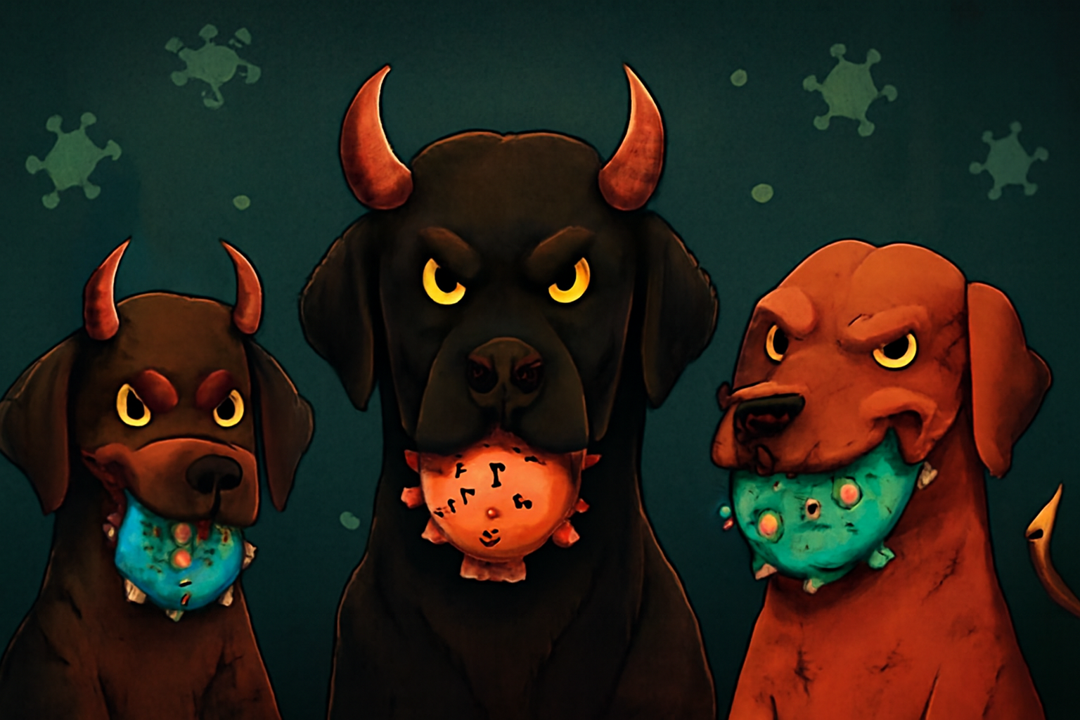 Ilustración de virus SARS‑CoV‑2 con texto “Perro del infierno”